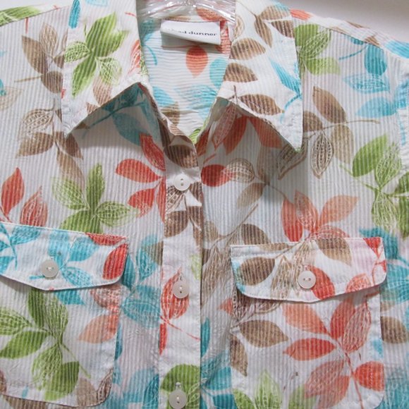 Alfred Dunner Top Shirt Blouse Short Sleeve Button Down Blue Green Orange Leaves - Picture 10 of 14